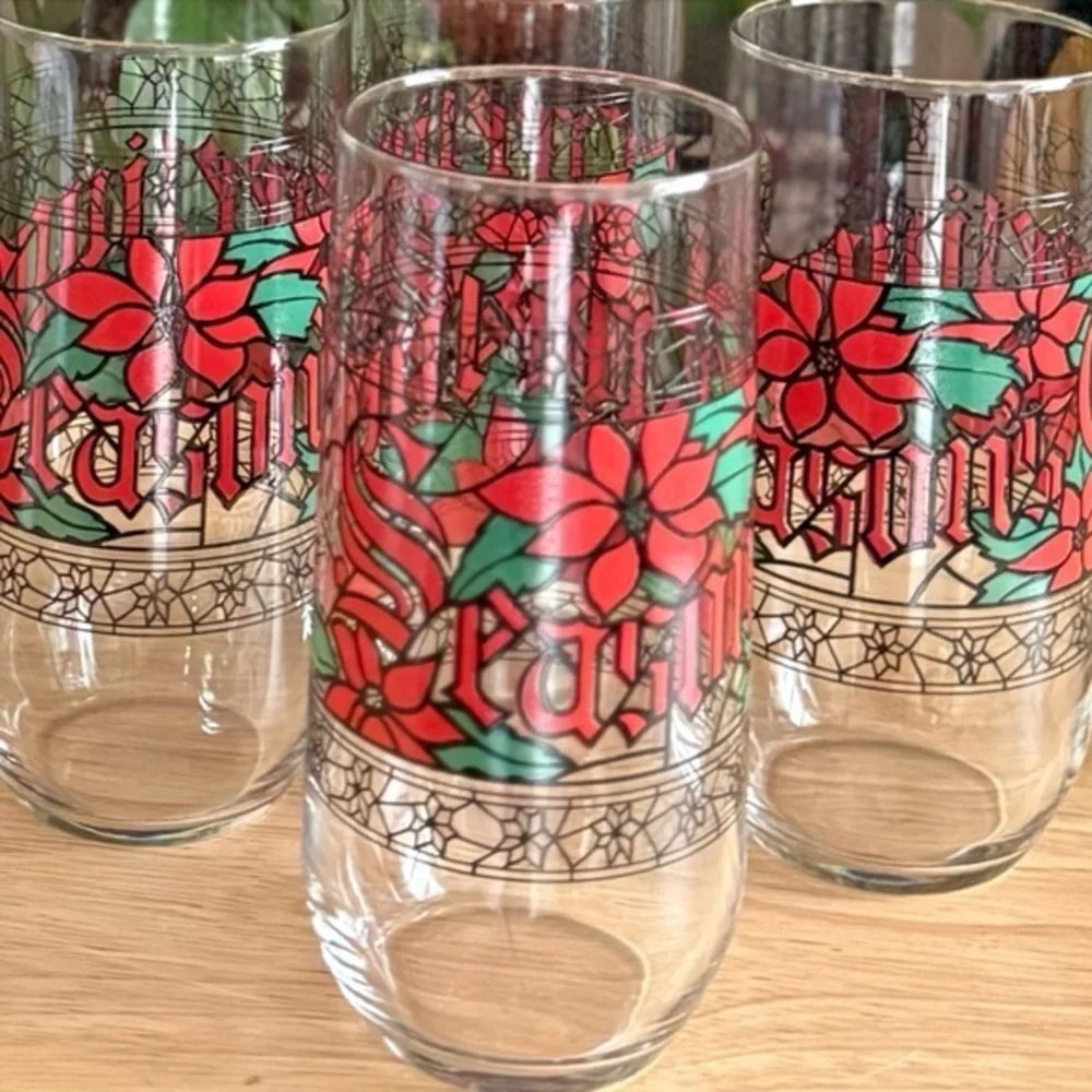 Vintage Houze Glass Season's Greetings Poinsettia Stained Glass 16oz Tumblers 4
